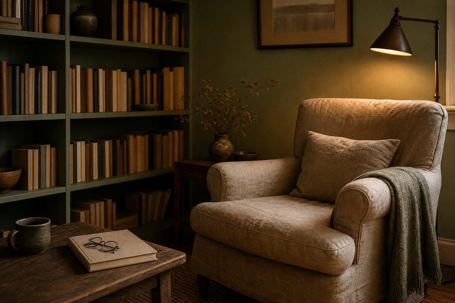 A quiet corner of a home study with a worn armchair, a low table holding a closed notebook and reading glasses, and a shelf of unlabelled books