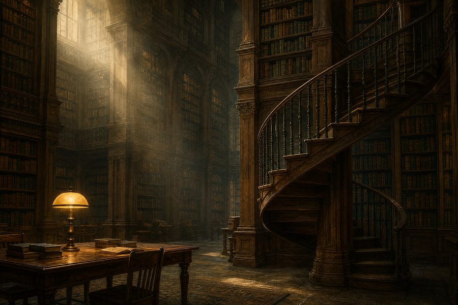 A vast library interior with a spiral staircase and a single lit reading lamp