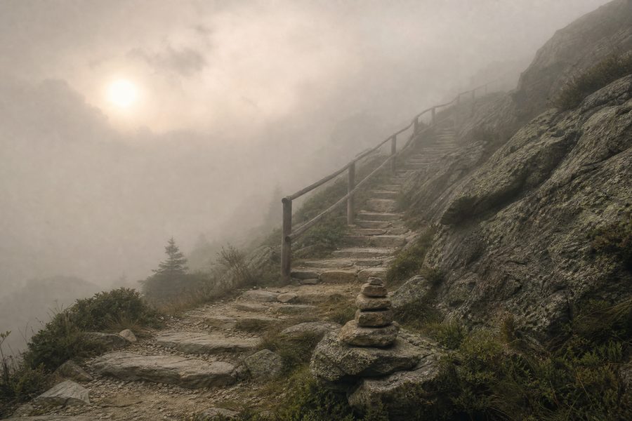 A stone mountain path in morning mist with worn steps and a small cairn