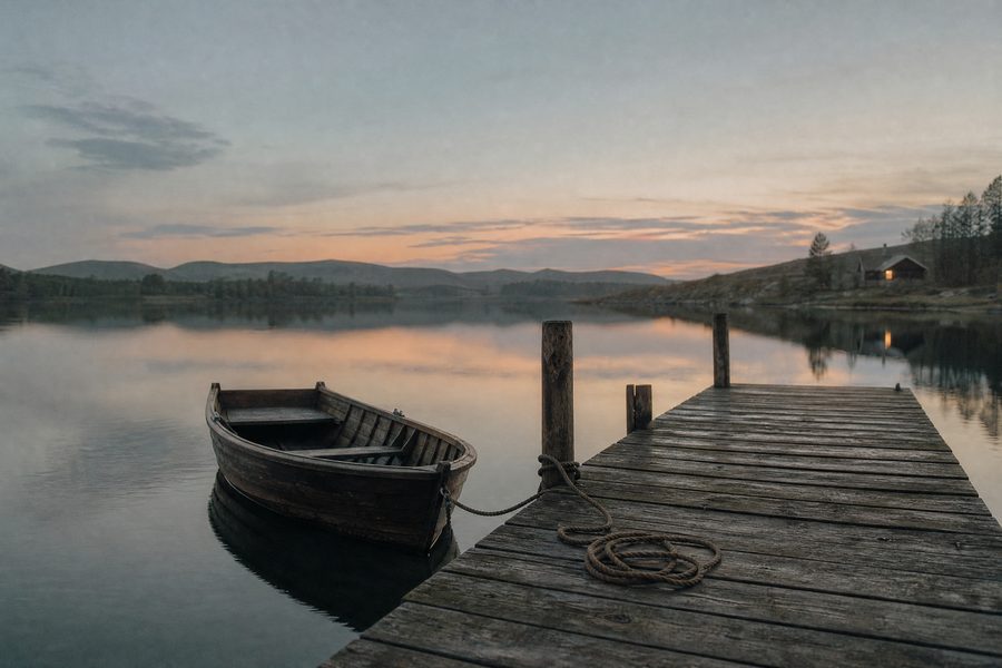 An empty wooden rowing boat moored at a jetty on a still lake at dusk