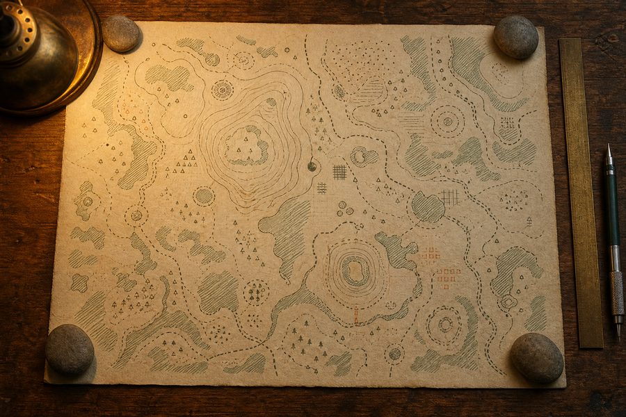 A large hand-drawn map weighted with stones on a table beside a brass ruler and a mechanical pencil