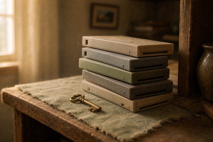 A dusty shelf holding a stack of unlabelled cartridge cases beside a small brass key