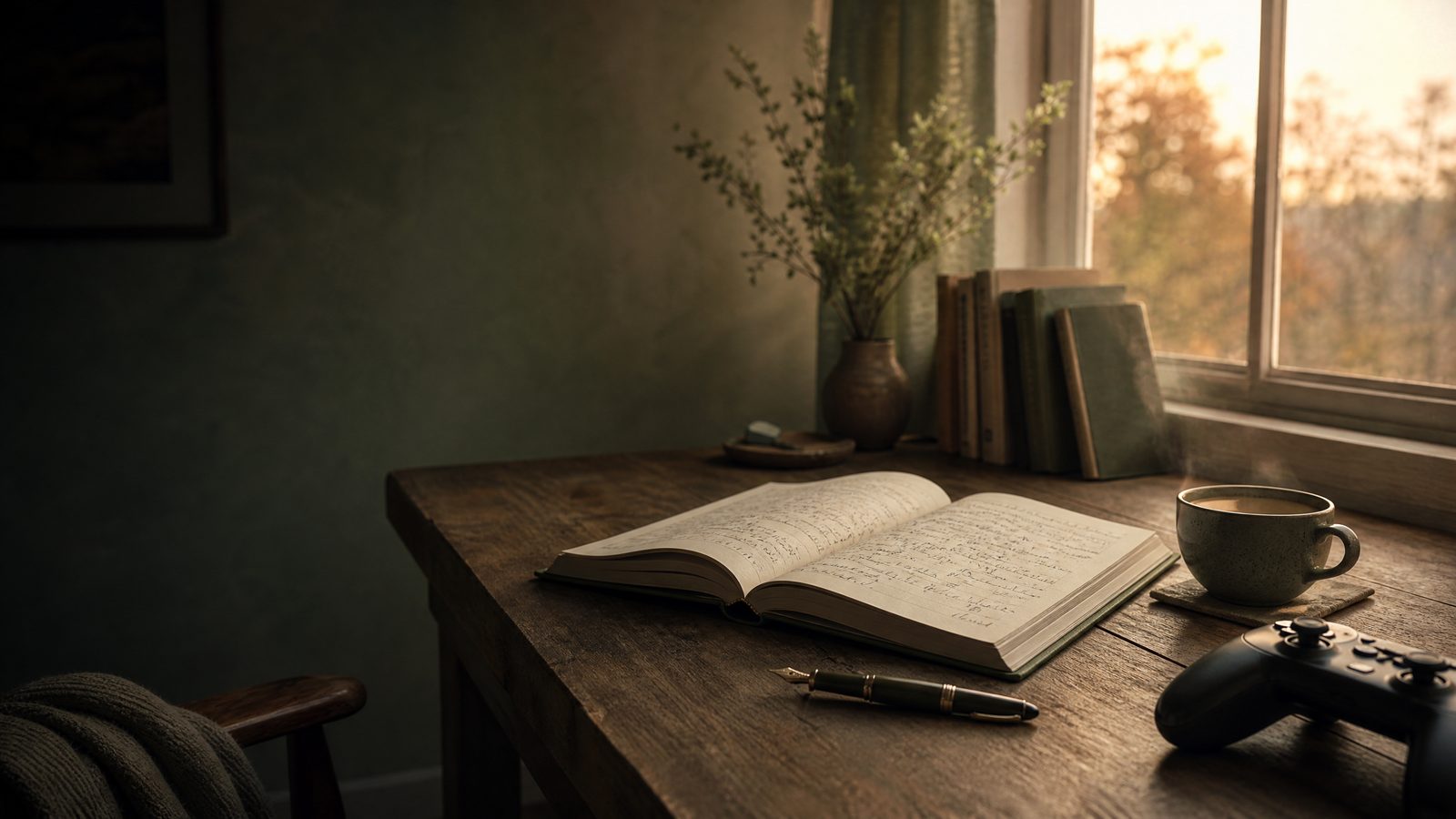 A wooden reading desk by a window at late afternoon with an open notebook, fountain pen, cup of tea and a controller at the edge